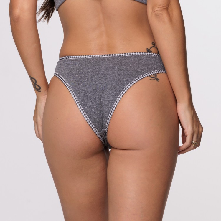 Calcinha Elástico Lacinho Xadrez Cinza Mescla em Algodão Egípcio